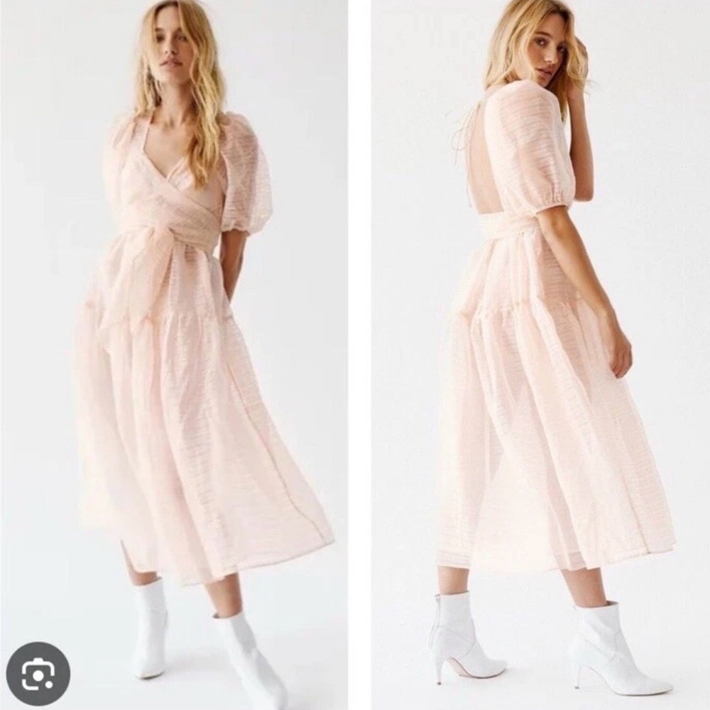 Free people Hailey puff sleeve sheer Wrapped Front cute Midi Dress 4